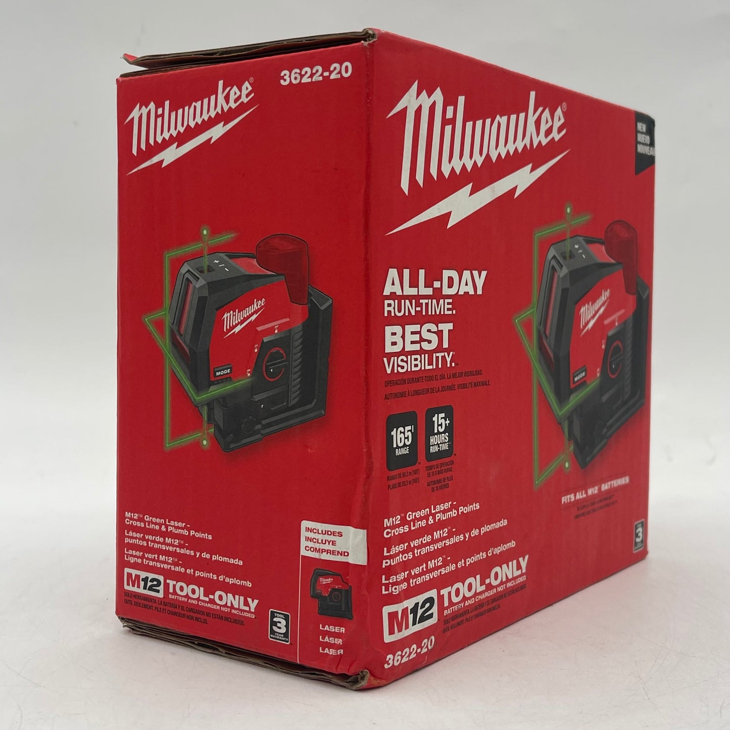 New Milwaukee 3622-20 M12 12V Green Laser Cross Line & Plumb Points