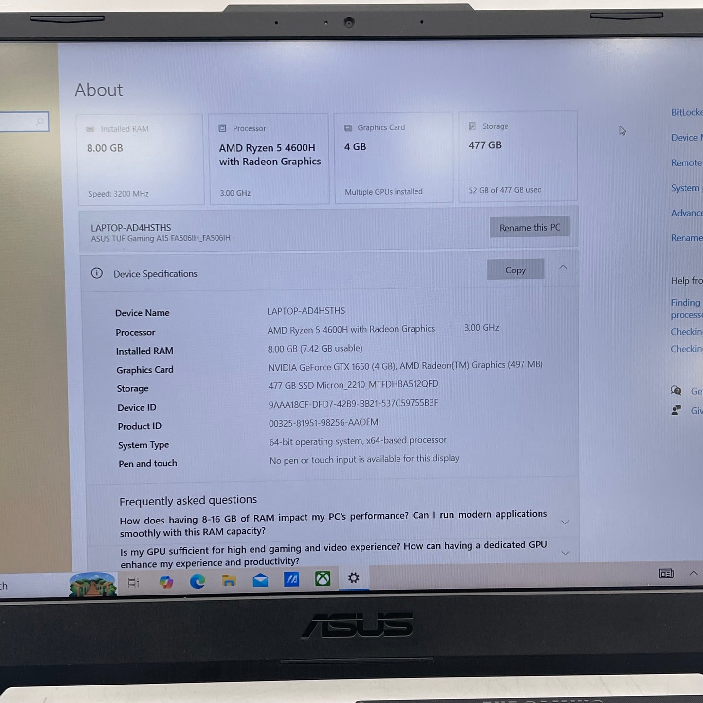 Asus TUF A15 15.6" Ryzen 5 4600H 3.0GHz 8GB RAM 512GB SSD GeForce GTX 1650