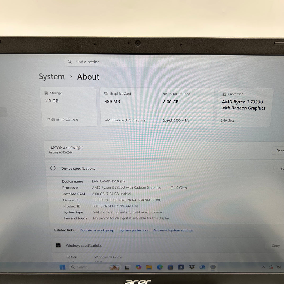 Acer Aspire 3 A315-24P 15.6" Ryzen 3 7320U 2.4GHz 8GB RAM 128GB SSD