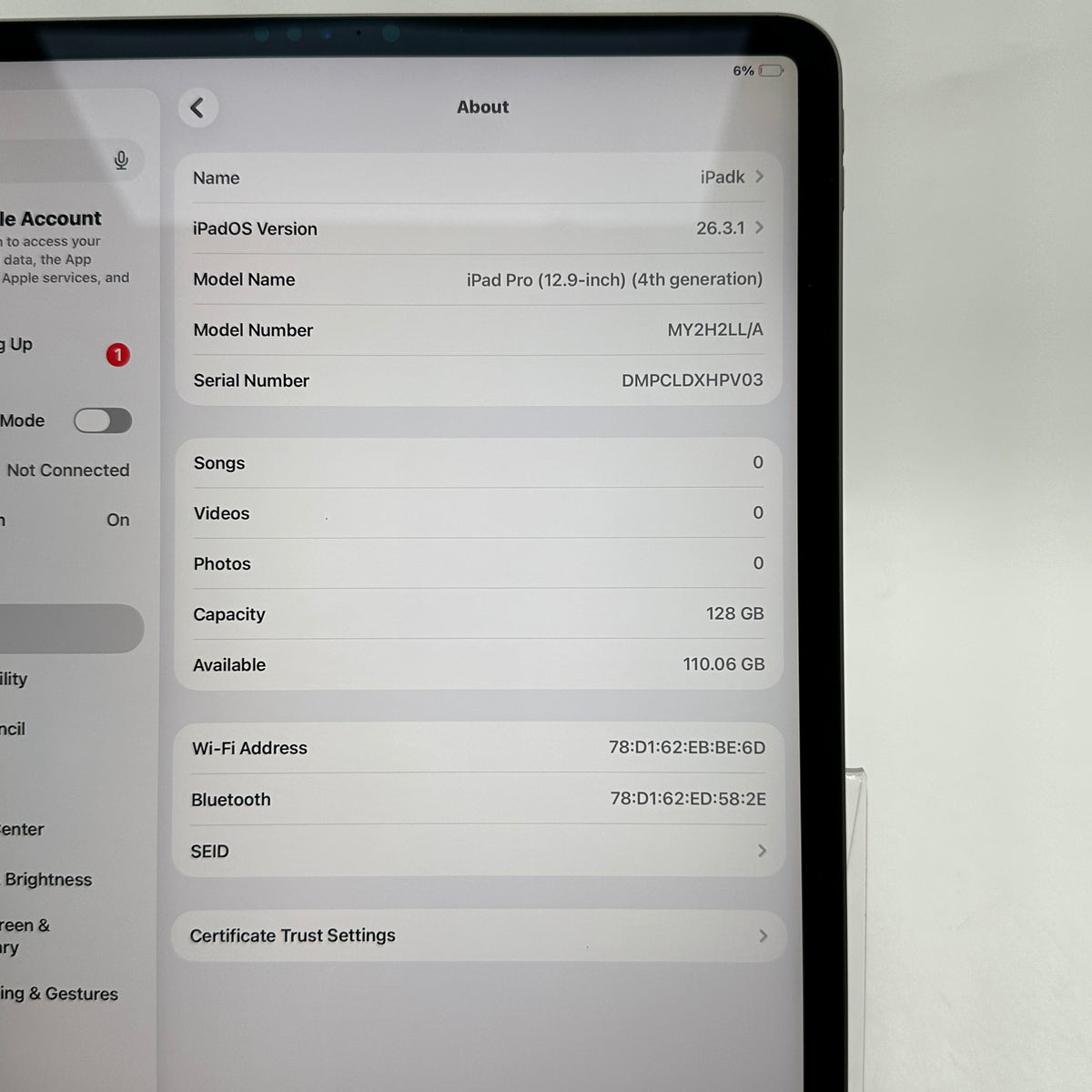 WiFi Only Apple iPad Pro 12.9" 4th Gen 128GB Space Gray MY2H2LL/A