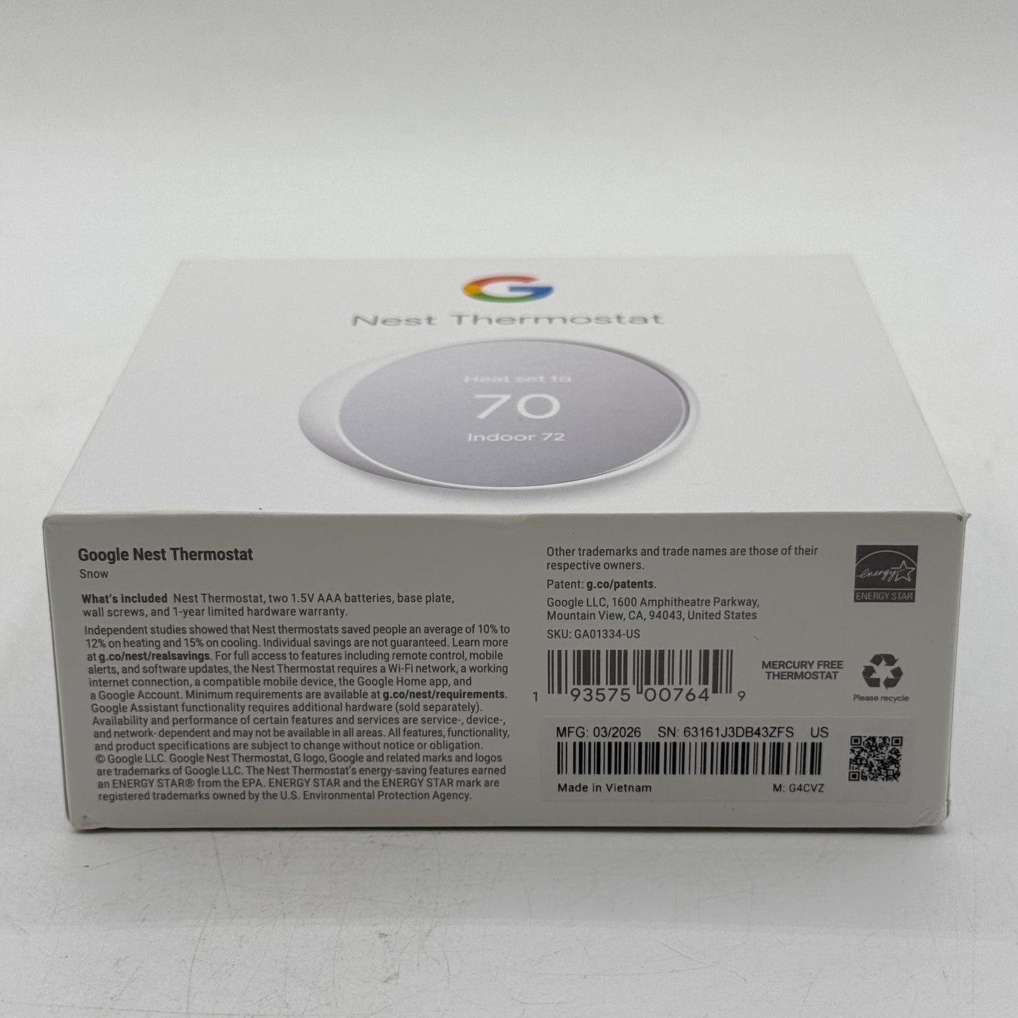 New Google Nest Thermostat Smart Thermostat Snow GA01334-US