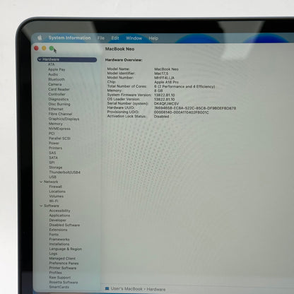 2026 Apple MacBook Neo 13" A18 Pro 5C GPU 4.0GHz 8GB RAM 256GB SSD MHFF4LL/A