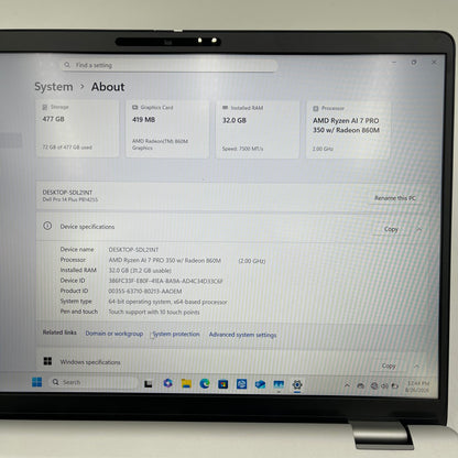 Dell Pro 14 Plus P199G 14" Ryzen AI 7 Pro 350 2.0GHz 32GB RAM 512GB SSD