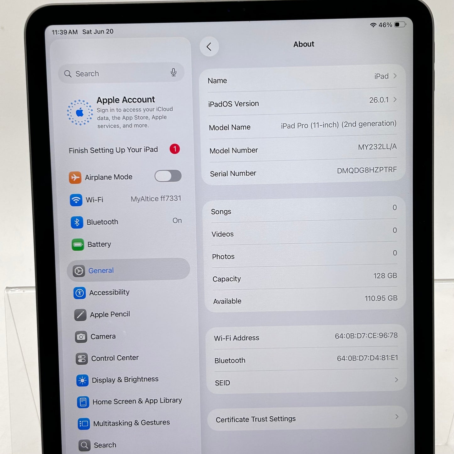 WiFi Only Apple iPad Pro 11" 2nd Gen 128GB Space Gray MY232LL/A