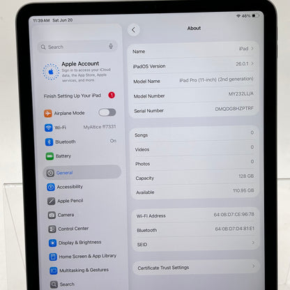 WiFi Only Apple iPad Pro 11" 2nd Gen 128GB Space Gray MY232LL/A