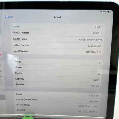 WiFi Only Apple iPad 10th Gen 64GB 18.6.2 Blue MQ6K3LL/A