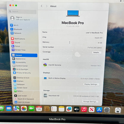2020 Apple MacBook Pro 13.3" M1 8C GPU 3.2GHz 8GB RAM 256GB SSD READ