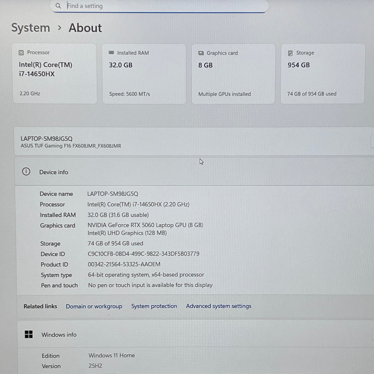 Asus TUF F16 FX608J 16" i7-14650HX 2.2GHz 32GB RAM 1TB SSD GeForce RTX 5060