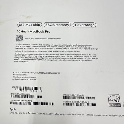 2024 Apple MacBook Pro 16" M4 Max 32C GPU 4.5GHz 36GB RAM 1TB SSD MX303LL/A