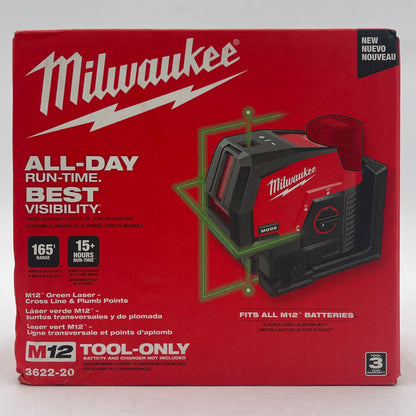 New Milwaukee 3622-20 M12 12V Green Laser Cross Line & Plumb Points