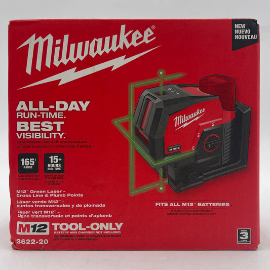 New Milwaukee 3622-20 M12 12V Green Laser Cross Line & Plumb Points