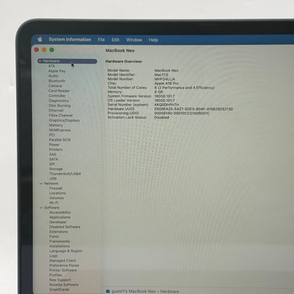 2026 Apple MacBook Neo 13" A18 Pro 5C GPU 4.0GHz 8GB RAM 512GB SSD MHFG4LL/A