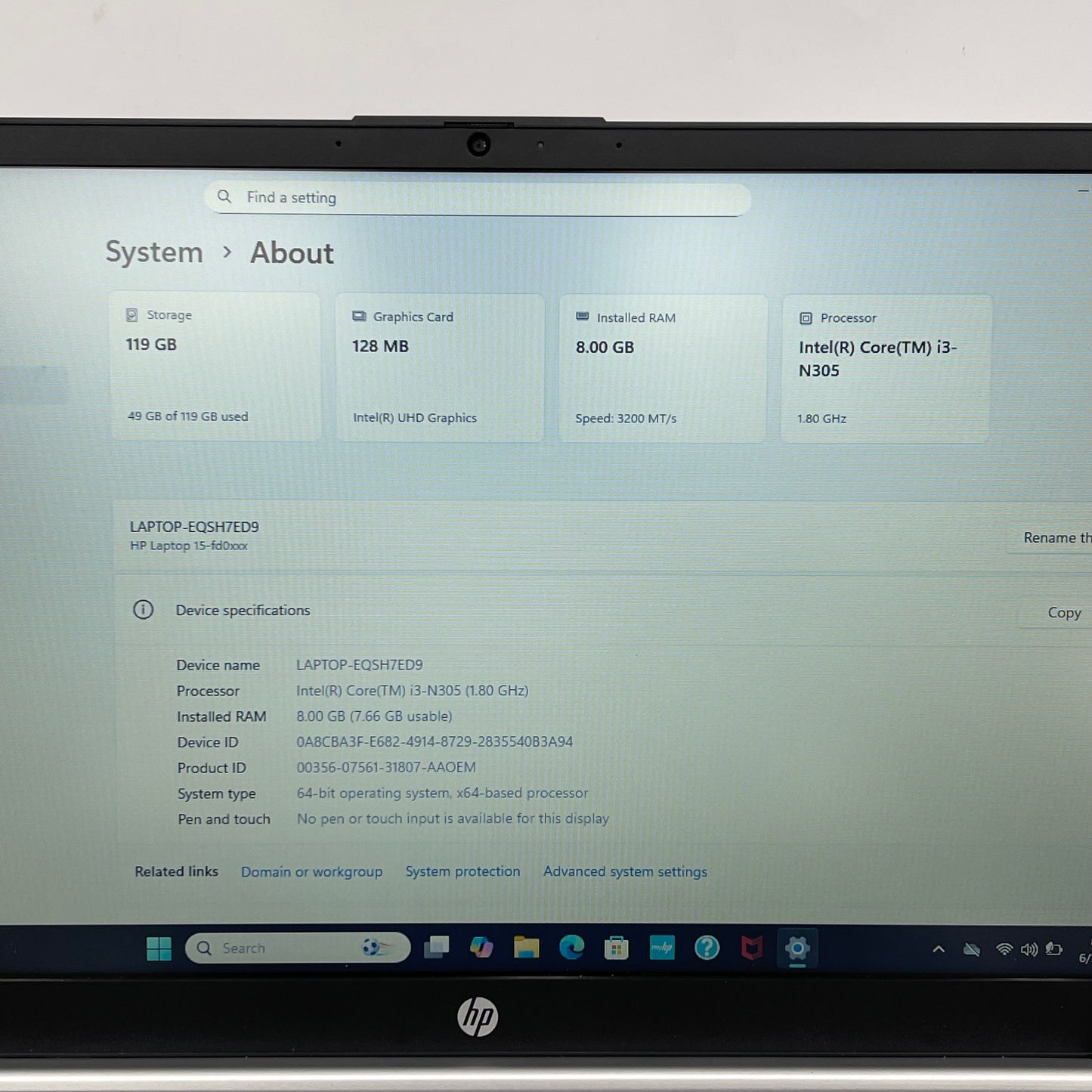 HP Laptop 15-FD0113DX 15.6" i3-N305 1.8GHz 8GB RAM 128GB SSD