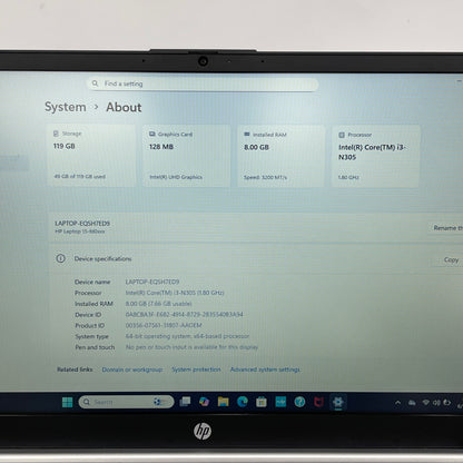HP Laptop 15-FD0113DX 15.6" i3-N305 1.8GHz 8GB RAM 128GB SSD