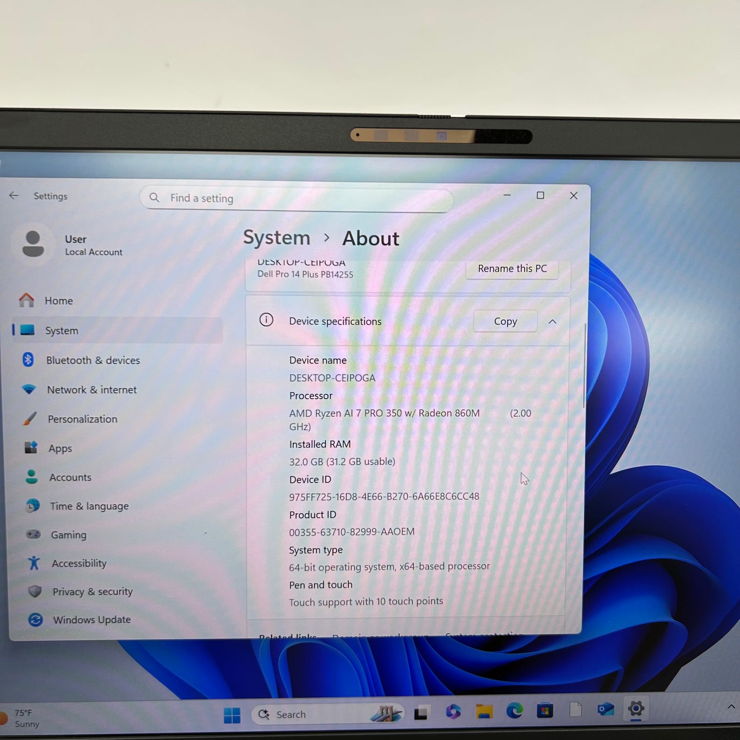 Dell Pro 14 Plus PB14255 14" Ryzen AI 7 Pro 350 2.0GHz 32GB RAM 512GB SSD