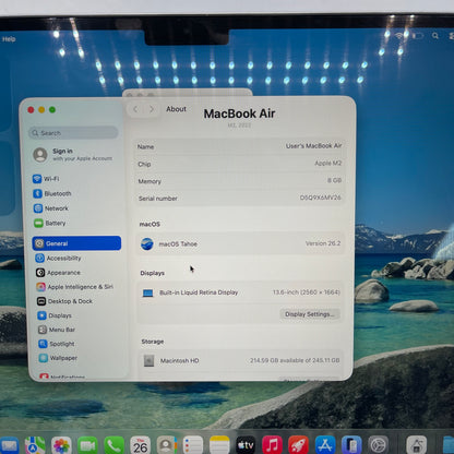 2022 Apple MacBook Air 13.6" M2 8C GPU 3.5GHz 8GB RAM 256GB SSD A2681