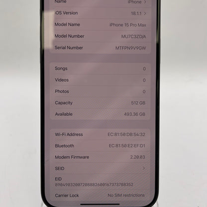 Factory Unlocked Apple iPhone 15 Pro Max 512GB Black Titanium MU7C3ZD/A