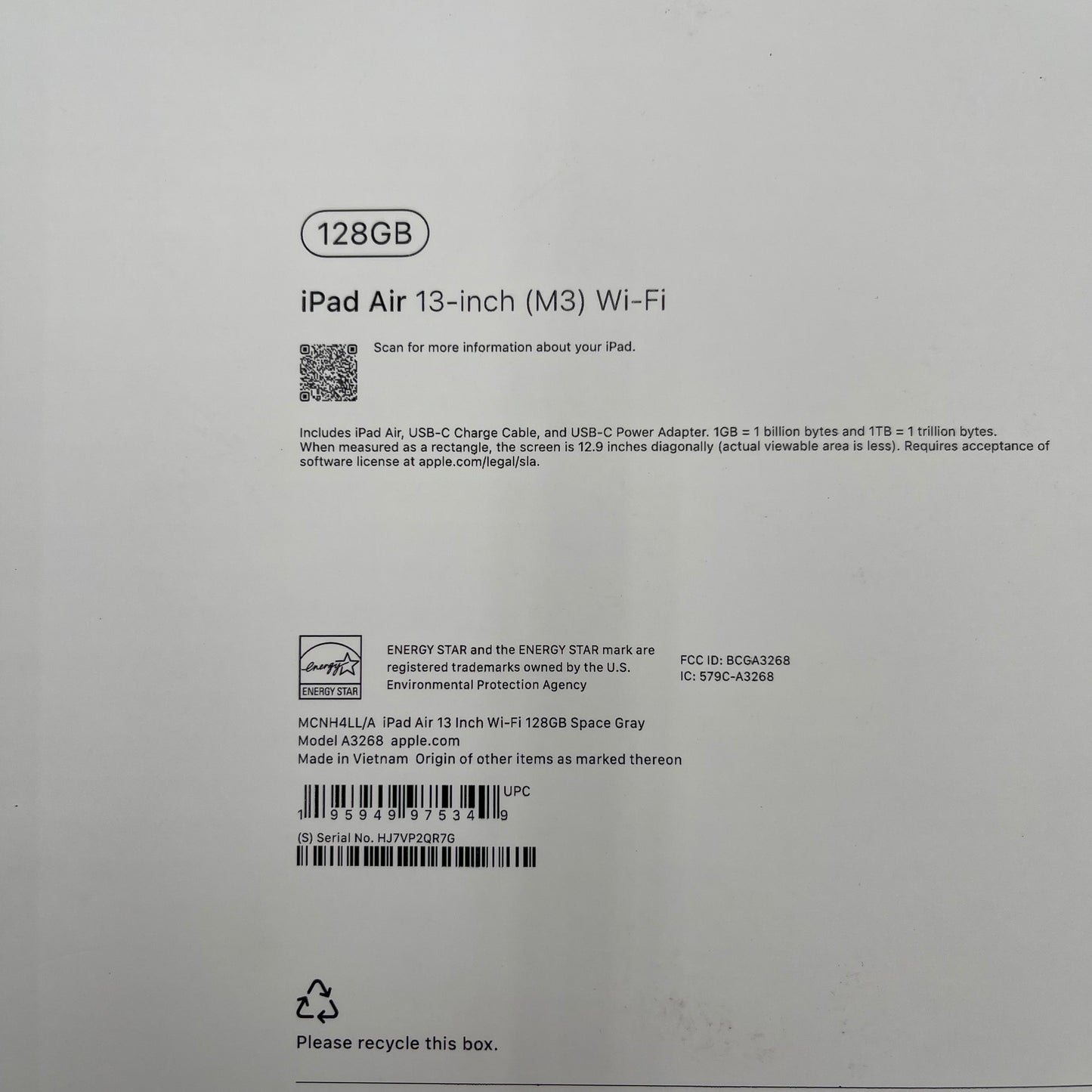 WiFi Only Apple iPad Air 13" M3 128GB Space Gray MCNH4LL/A