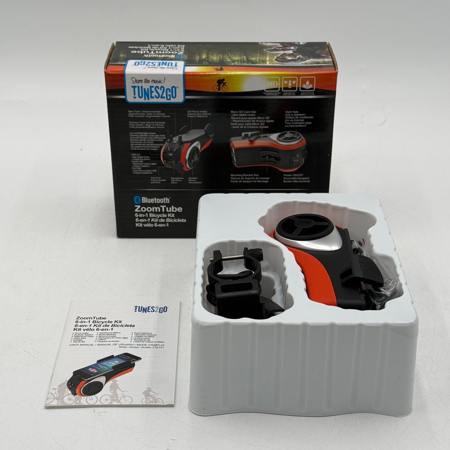 Tunes2Go ZoomTube 6-In-1 Bicycle Kit Bluetooth Speaker Phone Mount ZTB-F01