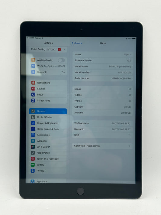WiFi Only Apple iPad 7th Gen 32GB 15.5 Space Gray A2197