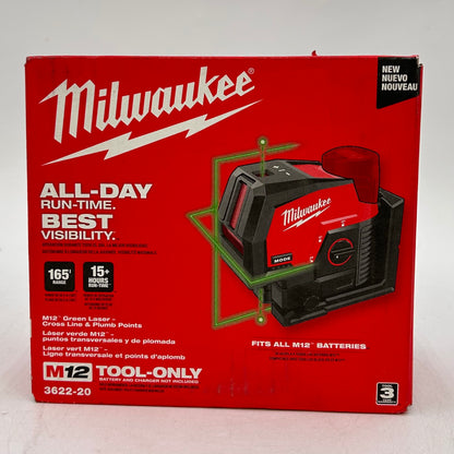 New Milwaukee 3622-20 M12 12V Green Laser- Cross Line & Plumb Points