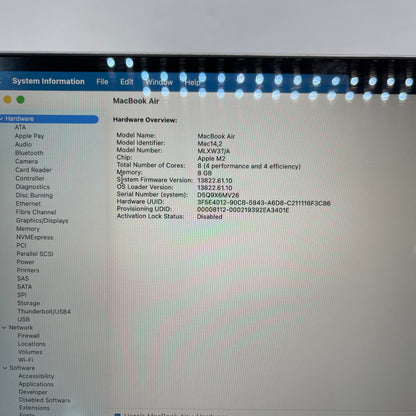 2022 Apple MacBook Air 13.6" M2 8C GPU 3.5GHz 8GB RAM 256GB SSD A2681