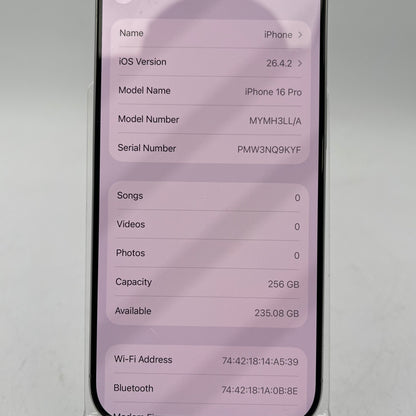 Factory Unlocked Apple iPhone 16 Pro 256GB White Titanium MYMH3LL/A