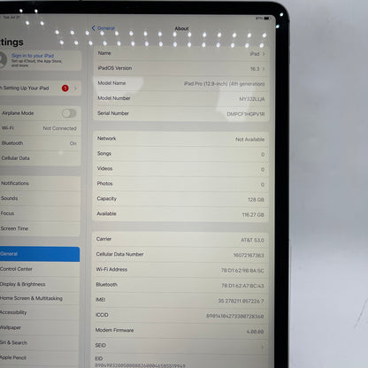 Factory Unlocked Apple iPad Pro 12.9" 4th Gen 128GB Space Gray MY3J2LL/A