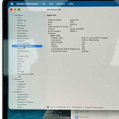 2022 Apple MacBook Air 13.6" M2 8C GPU 3.5GHz 8GB RAM 256GB SSD A2681