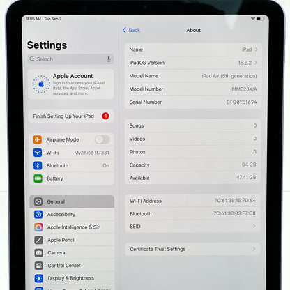 WiFi Only Apple iPad Air 5th Gen 64GB Purple MME23X/A