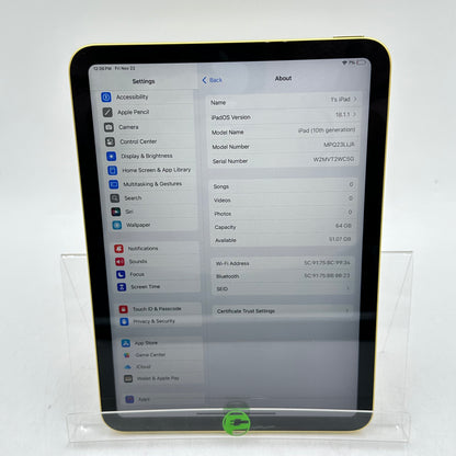 WiFi Only Apple iPad 10th Gen 64GB Yellow MPQ23LL/A