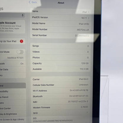Unlocked Apple iPad 11" (A16) 128GB Blue MD7G4LL/A