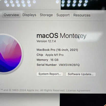 2021 Apple MacBook Pro 16" M1 Pro 16C GPU 3.2GHz 16GB RAM 1TB SSD A2485 Read