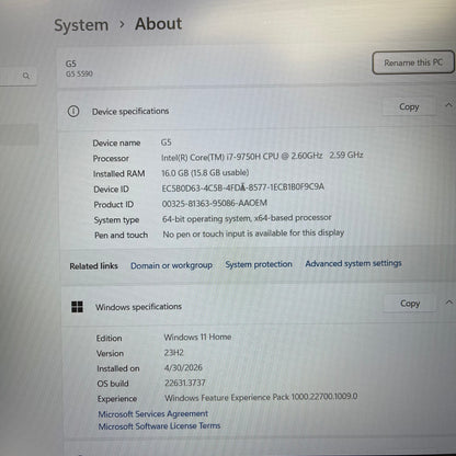 Dell G5 15.6" i7-9750H 2.6GHz 16GB RAM 256GB SSD 1TB HDD GeForce GTX 1660 Ti