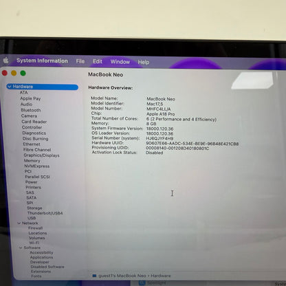 2026 Apple MacBook Neo 13" A18 Pro 5C GPU 4.0GHz 8GB RAM 512GB SSD A3404