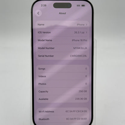 Factory Unlocked Apple iPhone 16 Pro 256GB Natural Titanium MYMK3LL/A
