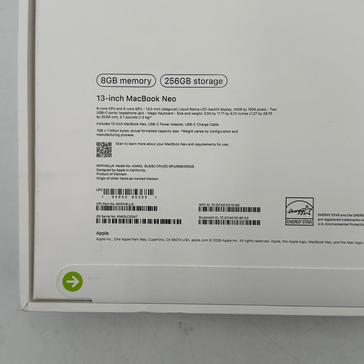 New 2026 Apple MacBook Neo 13" A18 Pro 5C GPU 4.0GHz 8GB RAM 256GB SSD MHFH4LL/A