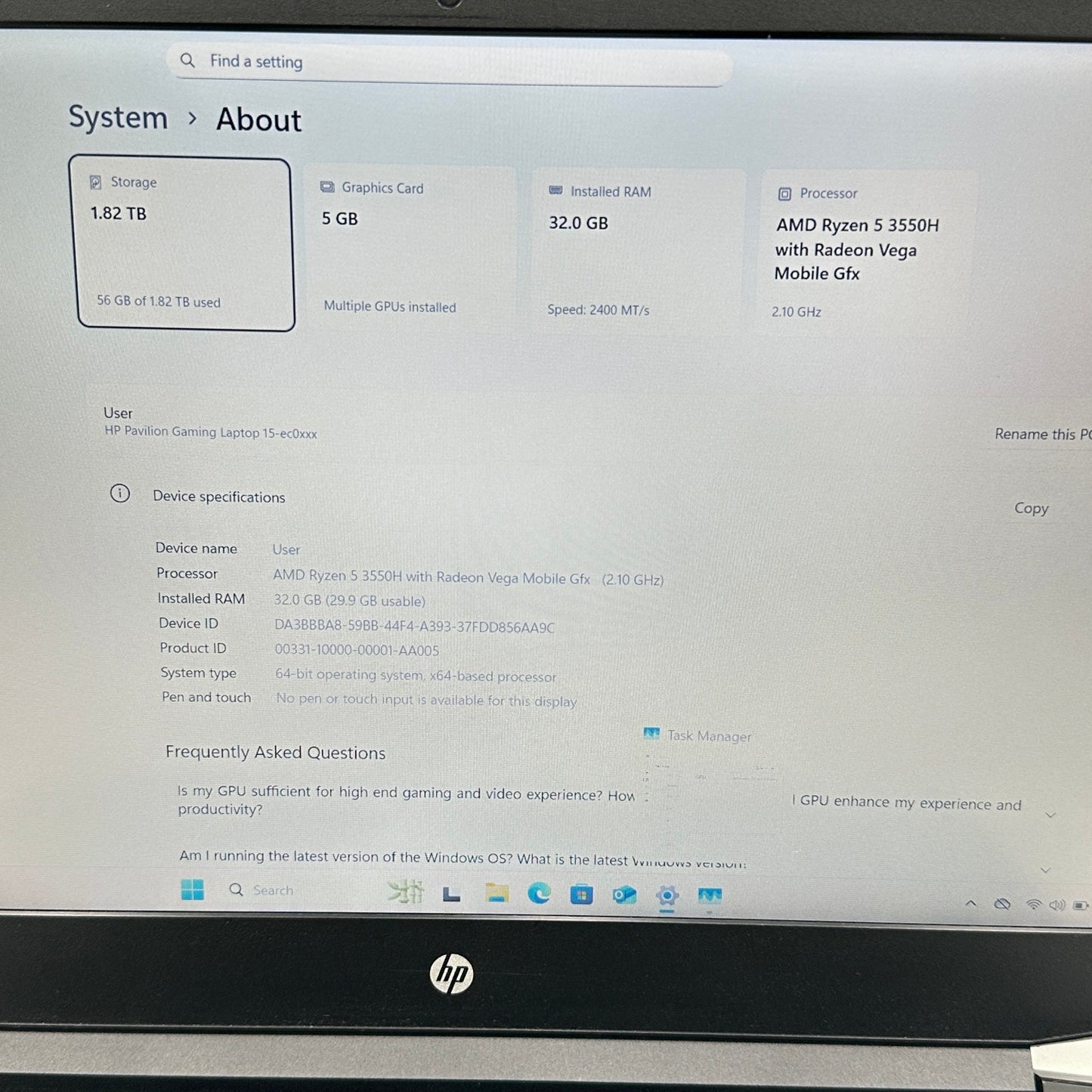 HP Pavilion Gaming 15.6" Ryzen 5 3550H 2.1GHz 32GB RAM 1TB HDD 1TB SSD 1050 READ