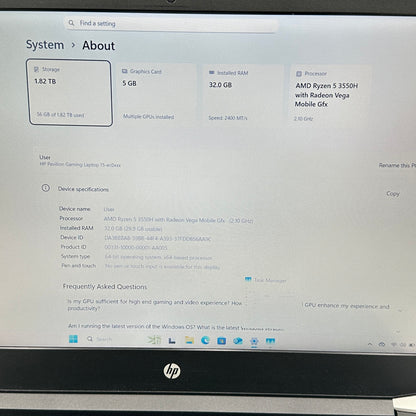 HP Pavilion Gaming 15.6" Ryzen 5 3550H 2.1GHz 32GB RAM 1TB HDD 1TB SSD 1050 READ