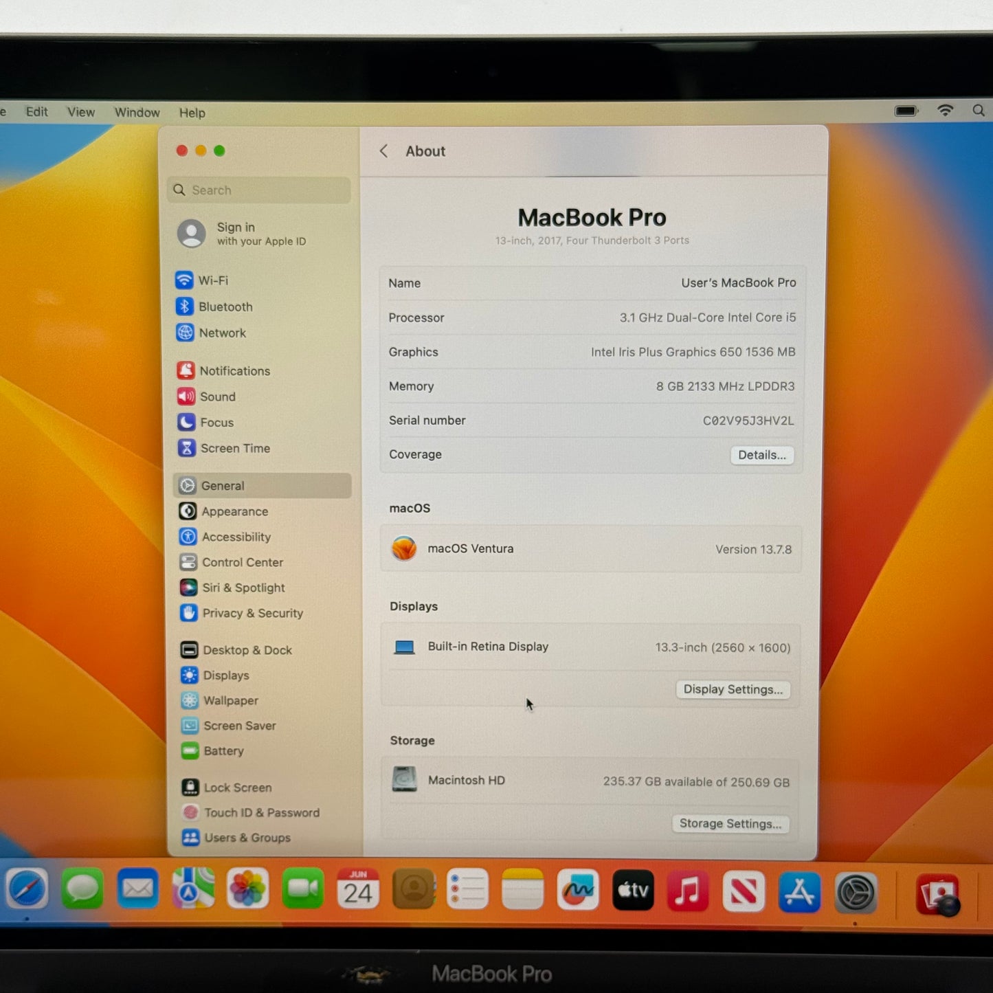 2017 Apple MacBook Pro 13.3" i5 3.1GHz 8GB RAM 256GB SSD Space Gray A1706 READ