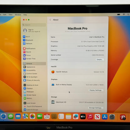 2017 Apple MacBook Pro 13.3" i5 3.1GHz 8GB RAM 256GB SSD Space Gray A1706 READ