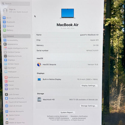 2024 Apple MacBook Air 15.3" M3 10C GPU 4.0GHz 24GB RAM 1TB SSD A3114