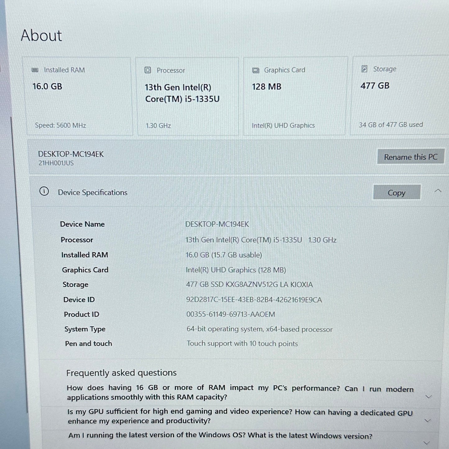 Lenovo ThinkPad 21HH 16" i5-1335U 1.3GHz 16GB RAM 512GB SSD READ