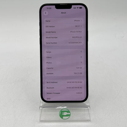 Factory Unlocked Apple iPhone 14 Plus 128GB Midnight MQ3R3LL/A