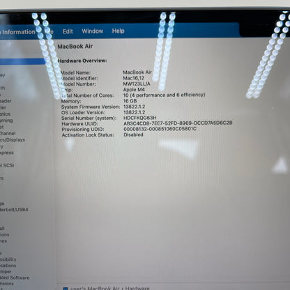 2025 Apple MacBook Air 13.6" M4 8C GPU 4.5GHz 16GB RAM 256GB SSD A3240