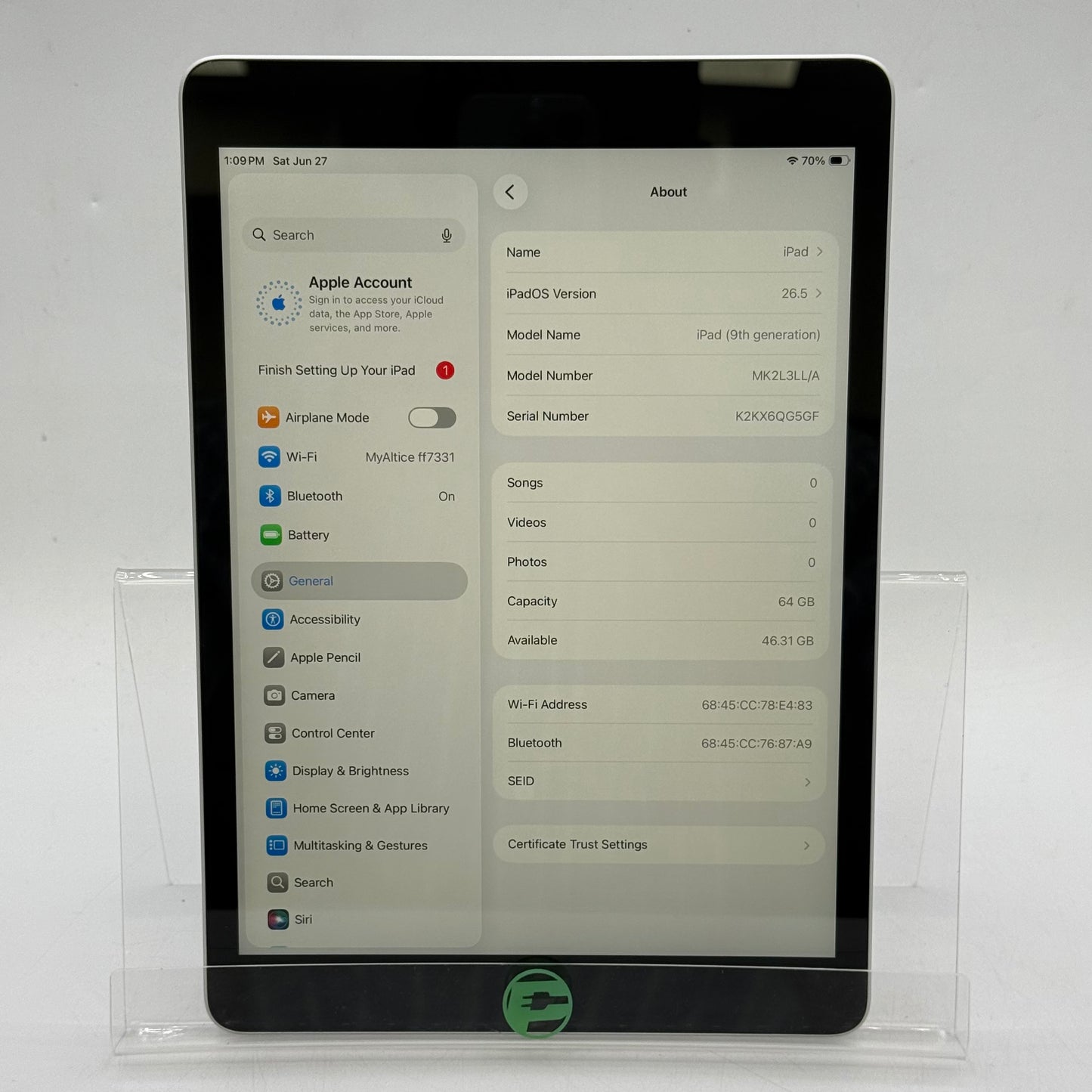 WiFi Only Apple iPad 9th Gen 64GB Silver MK2L3LL/A
