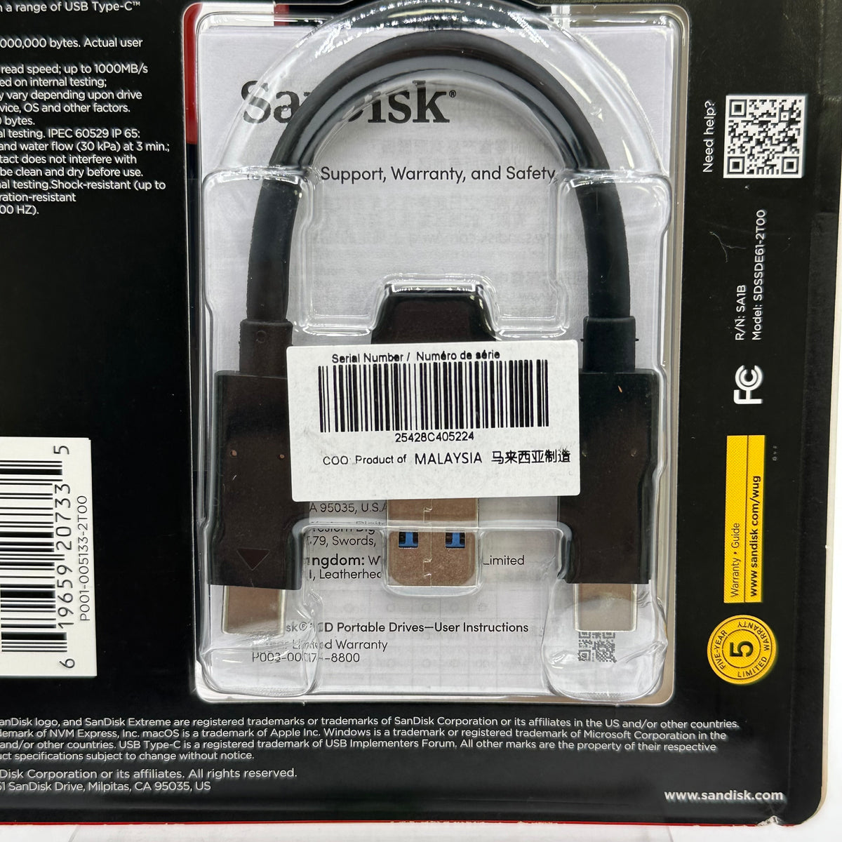 New SanDisk Portable Extreme Portable SSD 2TB USB-C to USB-C SSD 