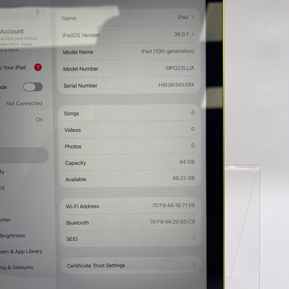 WiFi Only Apple iPad 10th Gen 64GB Yellow MPQ23LL/A