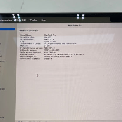 2024 Apple MacBook Pro 16" M4 Pro 20C GPU 4.5GHz 24GB RAM 512GB A3403 AppleCare+