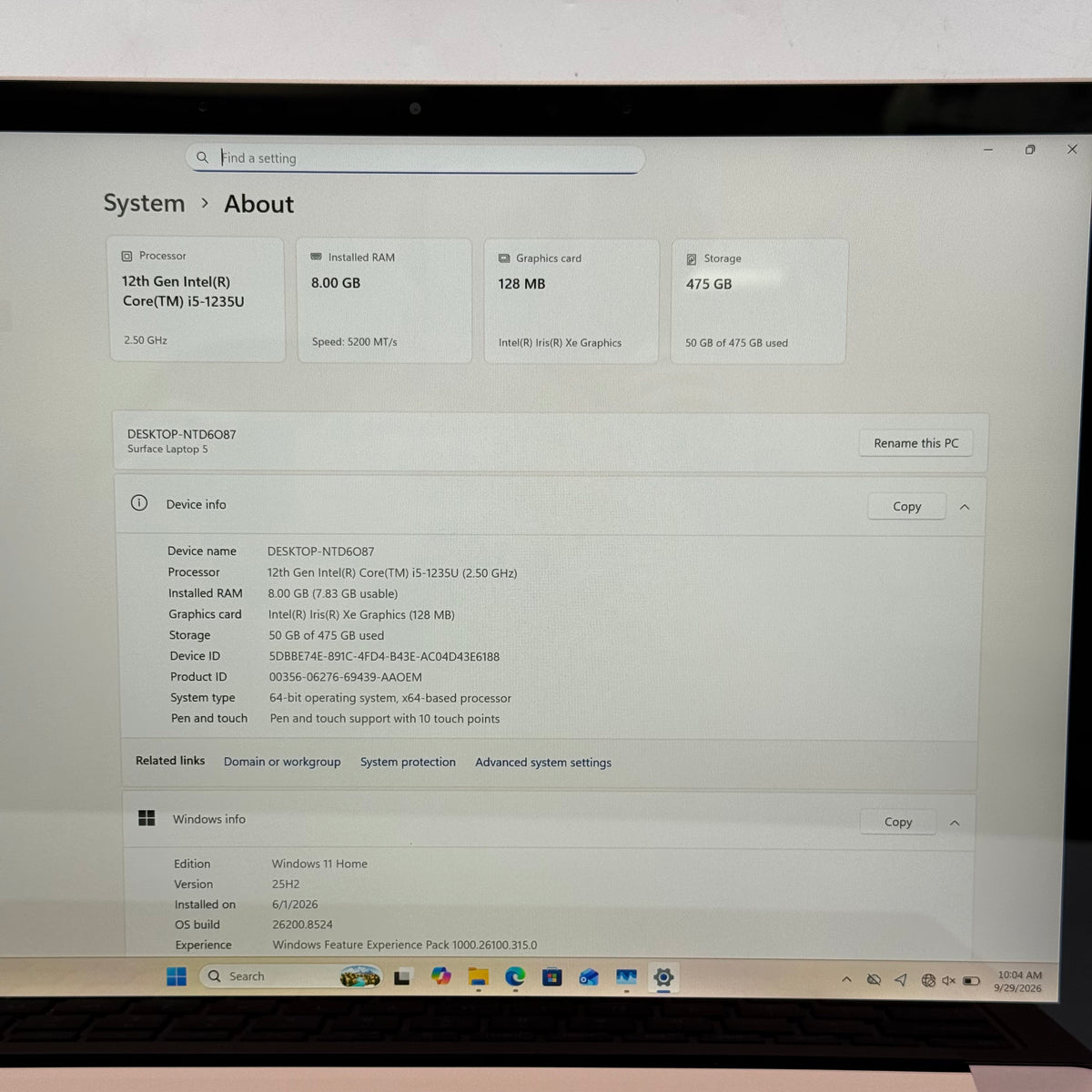Microsoft Surface Laptop 5 1951 13.5" i5-1235U 2.5GHz 8GB RAM 512GB SSD